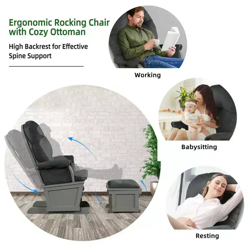 Costway Wood Glider & Ottoman Cushion Set Baby Nursery Rocking Chair