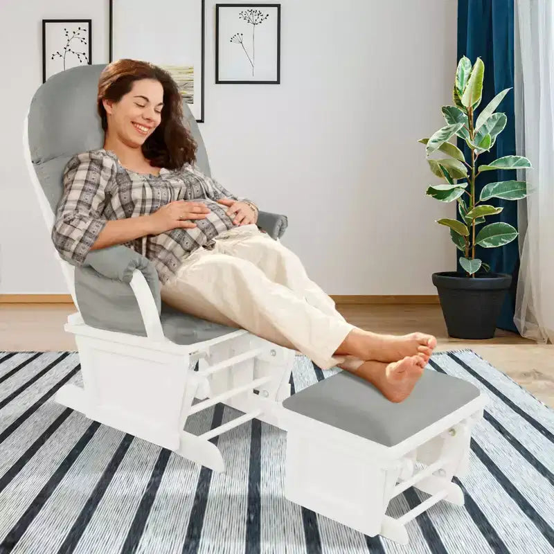 Costway Wood Glider & Ottoman Cushion Set Baby Nursery Rocking Chair