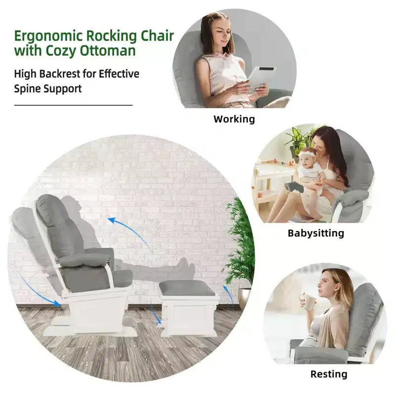 Costway Wood Glider & Ottoman Cushion Set Baby Nursery Rocking Chair