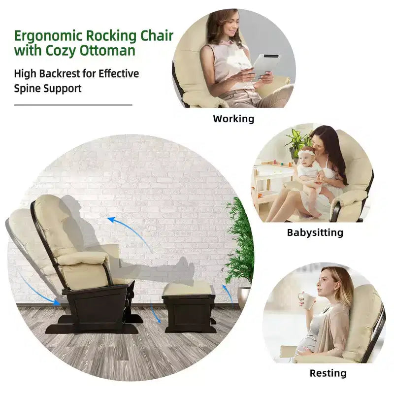 Costway Wood Glider & Ottoman Cushion Set Baby Nursery Rocking Chair