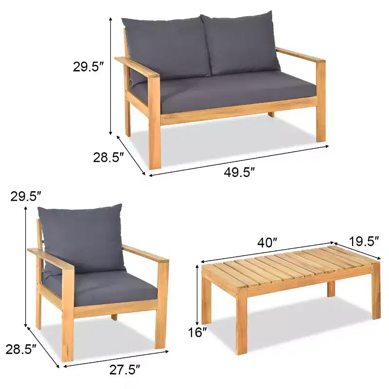Costway Juego de Muebles de Patio de 8 Piezas, Madera de Acacia, Cojines Gruesos, Sofá de Dos Plazas, Blanco Crudo/Turquesa/Gris