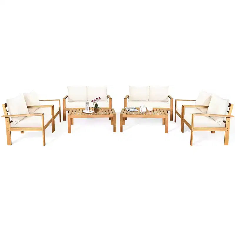 Costway Juego de Muebles de Patio de 8 Piezas, Madera de Acacia, Cojines Gruesos, Sofá de Dos Plazas, Blanco Crudo/Turquesa/Gris