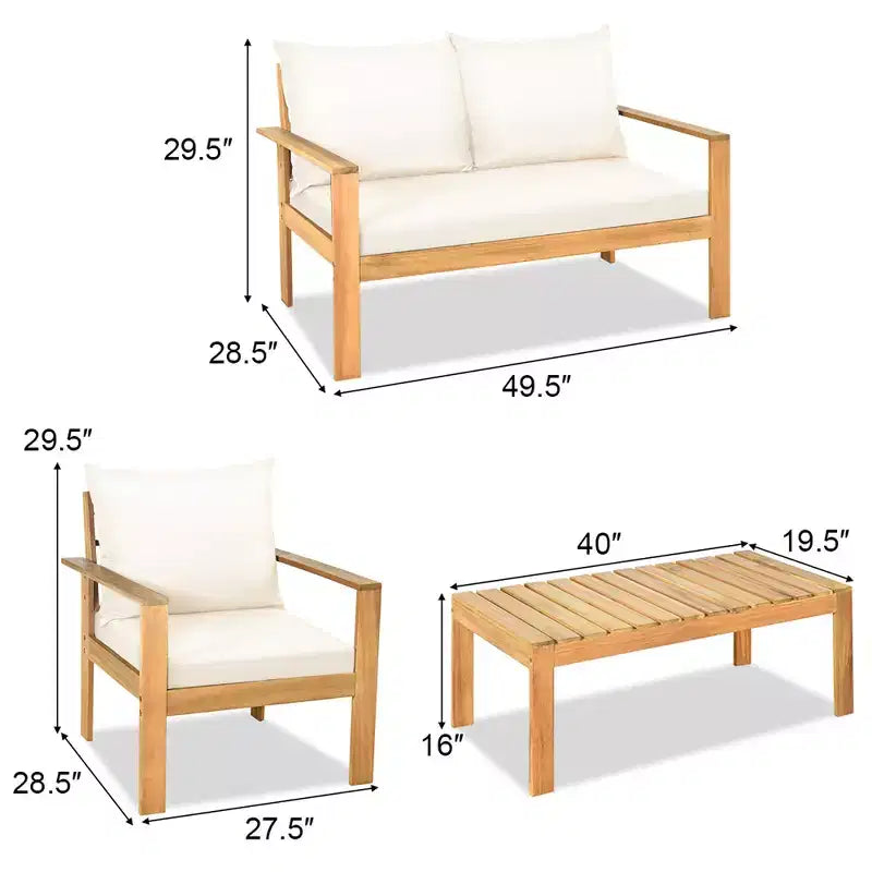 Costway Juego de Muebles de Patio de 8 Piezas, Madera de Acacia, Cojines Gruesos, Sofá de Dos Plazas, Blanco Crudo/Turquesa/Gris