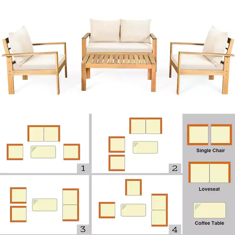 Costway Juego de Muebles de Patio de 8 Piezas, Madera de Acacia, Cojines Gruesos, Sofá de Dos Plazas, Blanco Crudo/Turquesa/Gris