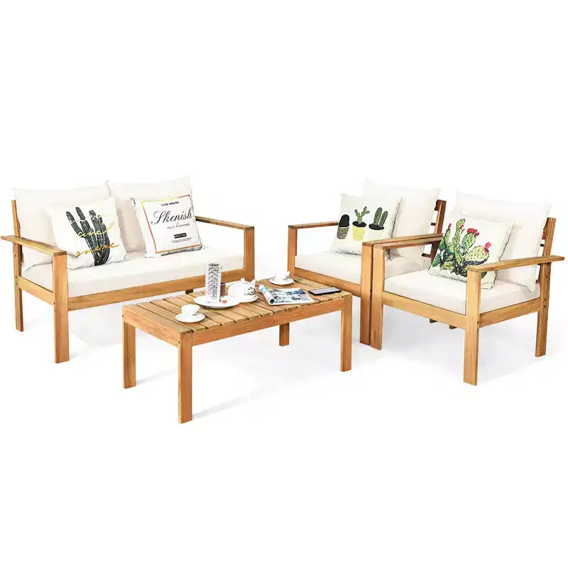Costway Juego de Muebles de Patio de 8 Piezas, Madera de Acacia, Cojines Gruesos, Sofá de Dos Plazas, Blanco Crudo/Turquesa/Gris