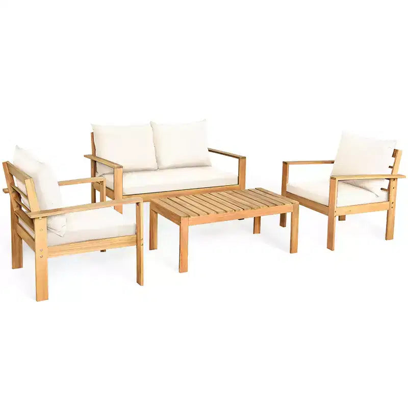 Costway Juego de Muebles de Patio de 8 Piezas, Madera de Acacia, Cojines Gruesos, Sofá de Dos Plazas, Blanco Crudo/Turquesa/Gris