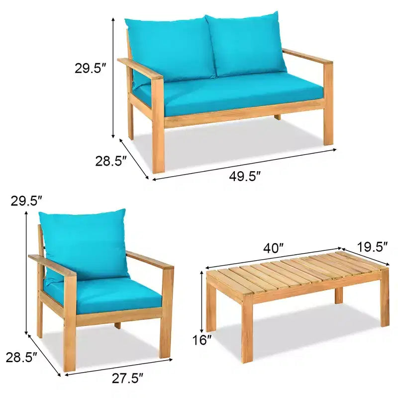 Costway Juego de Muebles de Patio de 8 Piezas, Madera de Acacia, Cojines Gruesos, Sofá de Dos Plazas, Blanco Crudo/Turquesa/Gris