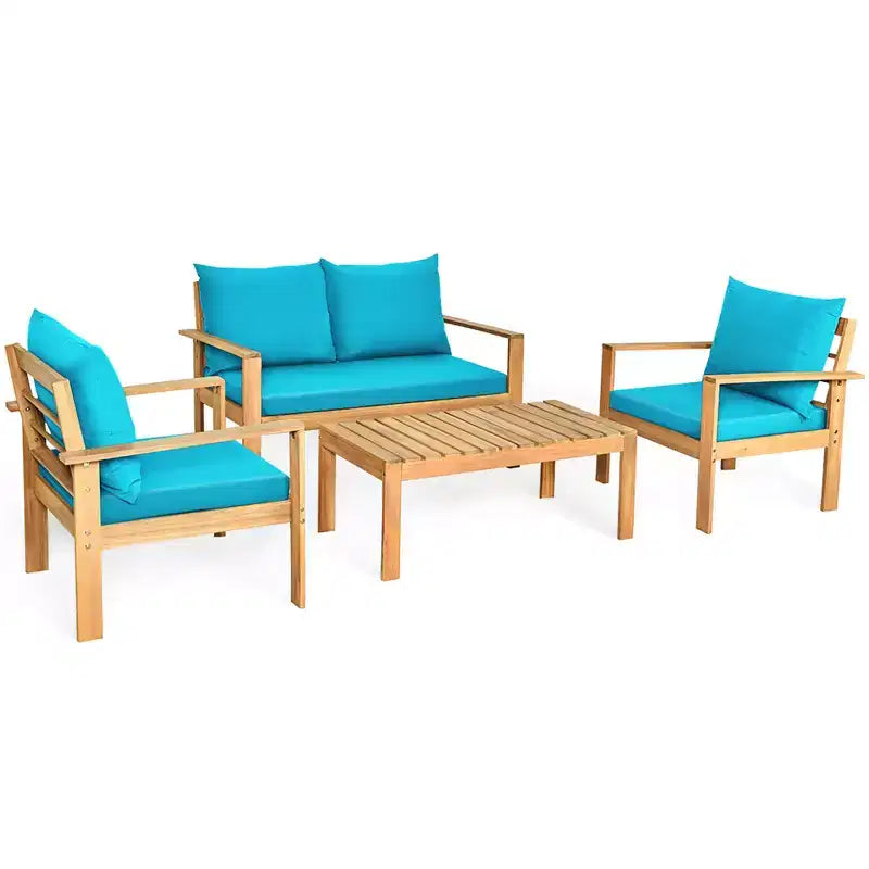 Costway Juego de Muebles de Patio de 8 Piezas, Madera de Acacia, Cojines Gruesos, Sofá de Dos Plazas, Blanco Crudo/Turquesa/Gris