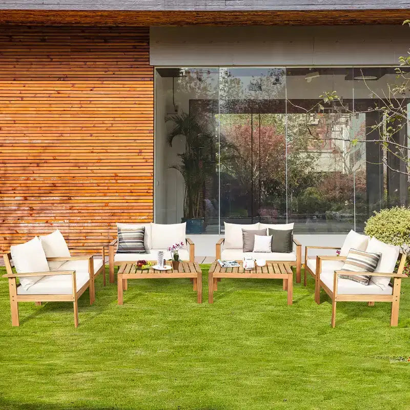 Costway Juego de Muebles de Patio de 8 Piezas, Madera de Acacia, Cojines Gruesos, Sofá de Dos Plazas, Blanco Crudo/Turquesa/Gris