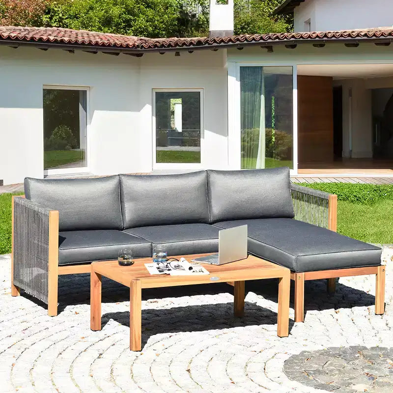 Costway 3PCS Patio Sofa Furniture Set Thick Cushion Acacia Wood