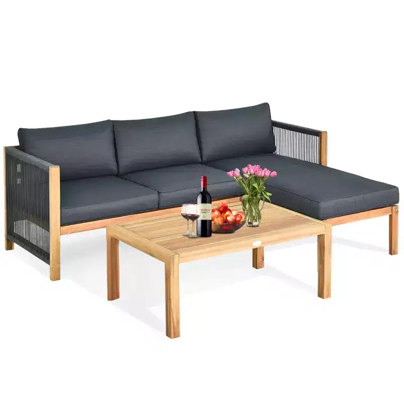 Costway Juego de Muebles de Jardín de 3 Piezas con Sofá y Cojines Gruesos de Madera de Acacia