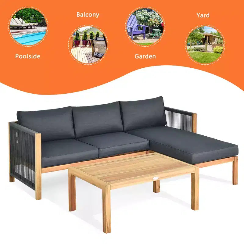 Costway Juego de Muebles de Jardín de 3 Piezas con Sofá y Cojines Gruesos de Madera de Acacia