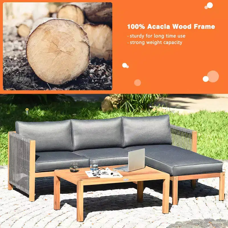 Costway Juego de Muebles de Jardín de 3 Piezas con Sofá y Cojines Gruesos de Madera de Acacia