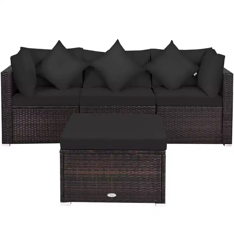 Costway Juego de Muebles de Jardín de Rattan de 4 Piezas con Sofá, Otomana, Cojín para Terraza y Jardín, Negro
