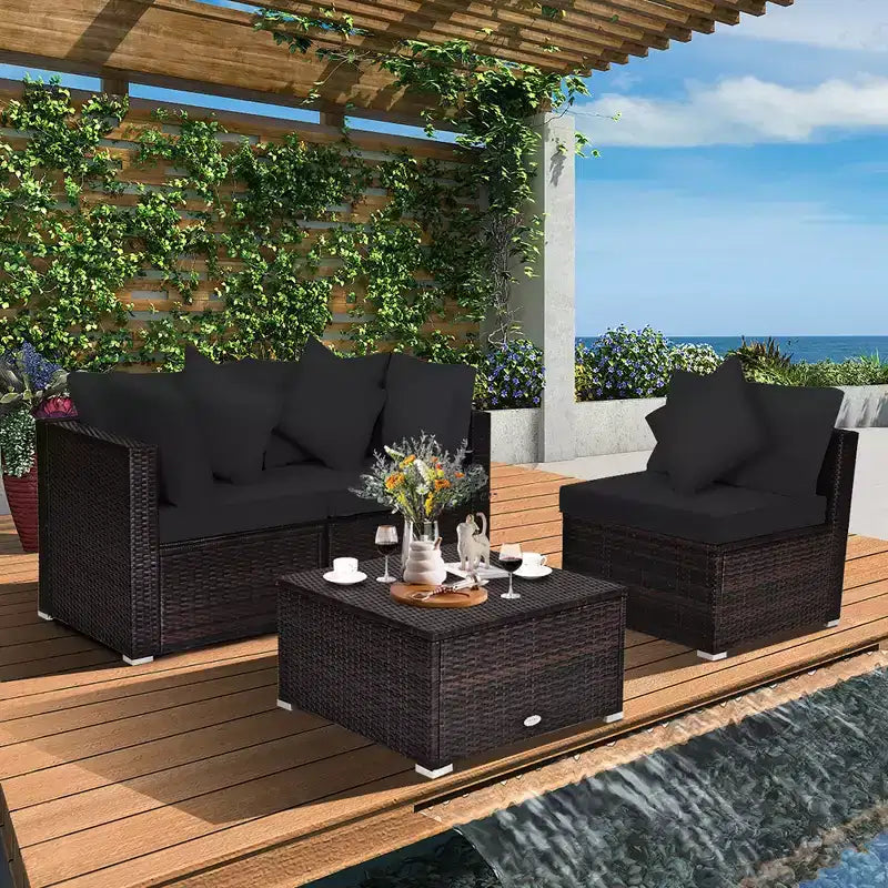Costway Juego de Muebles de Jardín de Rattan de 4 Piezas con Sofá, Otomana, Cojín para Terraza y Jardín, Negro