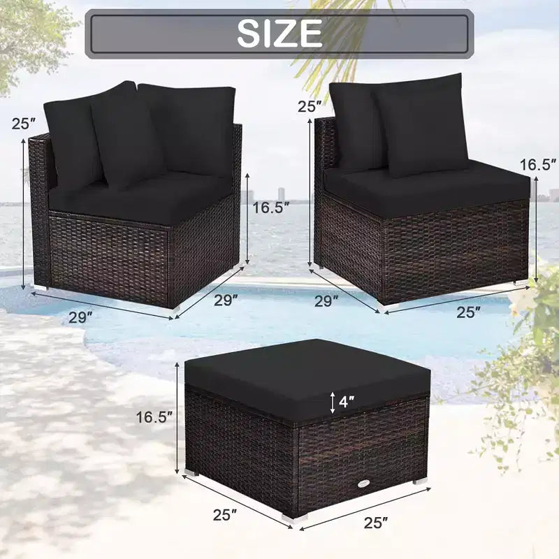 Costway Juego de Muebles de Jardín de Rattan de 4 Piezas con Sofá, Otomana, Cojín para Terraza y Jardín, Negro