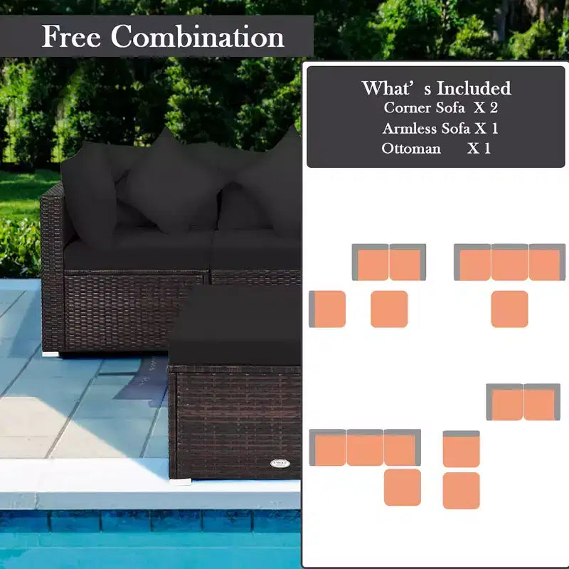 Costway Juego de Muebles de Jardín de Rattan de 4 Piezas con Sofá, Otomana, Cojín para Terraza y Jardín, Negro