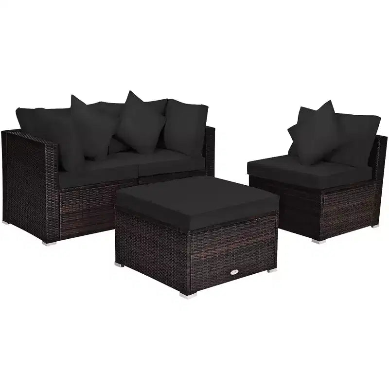 Costway Juego de Muebles de Jardín de Rattan de 4 Piezas con Sofá, Otomana, Cojín para Terraza y Jardín, Negro