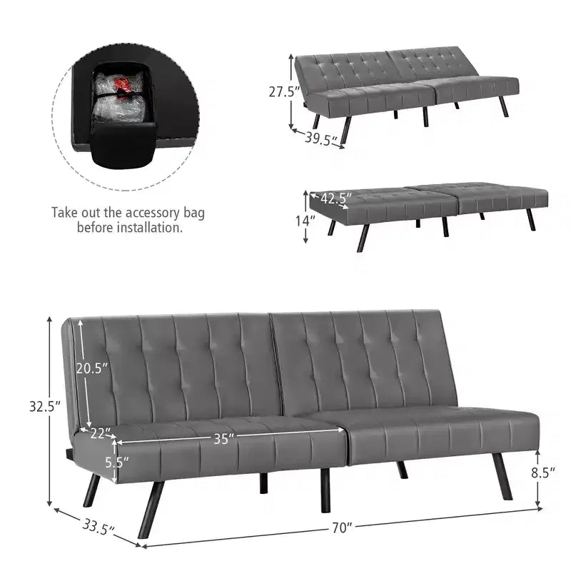 Costway Futon Sofa BedPU Leather Convertible Folding Couch Sleeper Lounge White/Black/Grey