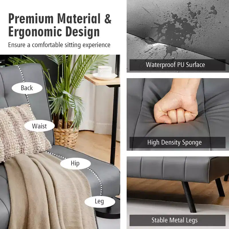 Costway Futon Sofa BedPU Leather Convertible Folding Couch Sleeper Lounge White/Black/Grey