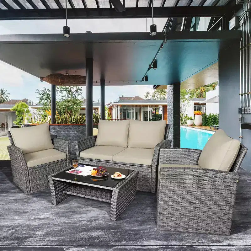 Costway Set de Muebles de Jardín de Ratán de 4 Piezas con Sofá Mesa Estante de Almacenamiento y Cojín