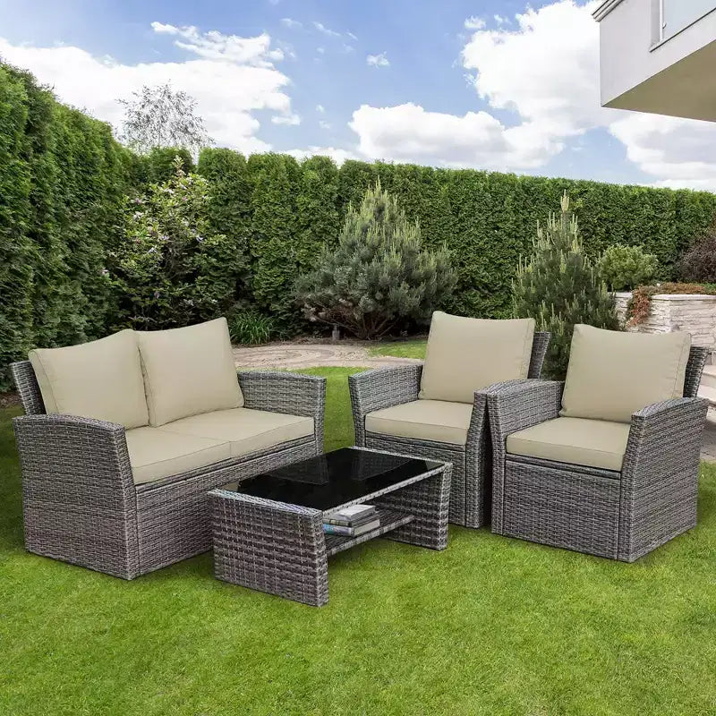 Costway Set de Muebles de Jardín de Ratán de 4 Piezas con Sofá Mesa Estante de Almacenamiento y Cojín