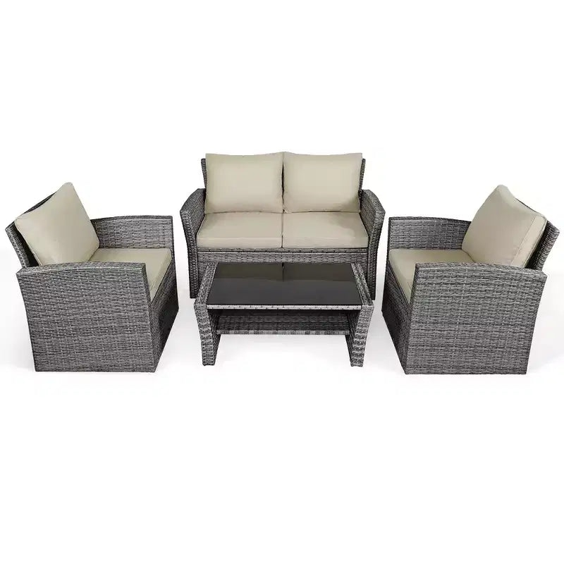Costway Set de Muebles de Jardín de Ratán de 4 Piezas con Sofá Mesa Estante de Almacenamiento y Cojín