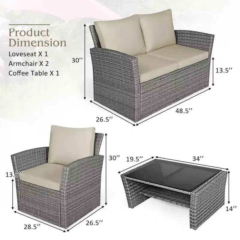 Costway Set de Muebles de Jardín de Ratán de 4 Piezas con Sofá Mesa Estante de Almacenamiento y Cojín