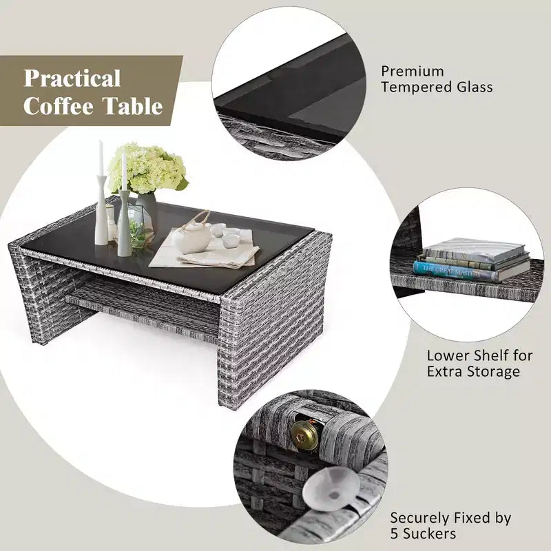 Costway Set de Muebles de Jardín de Ratán de 4 Piezas con Sofá Mesa Estante de Almacenamiento y Cojín