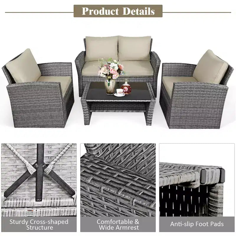 Costway Set de Muebles de Jardín de Ratán de 4 Piezas con Sofá Mesa Estante de Almacenamiento y Cojín