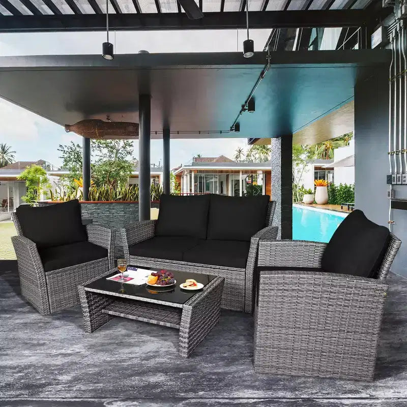 Costway Set de Muebles de Jardín de Ratán de 4 Piezas con Sofá Mesa Estante de Almacenamiento y Cojín