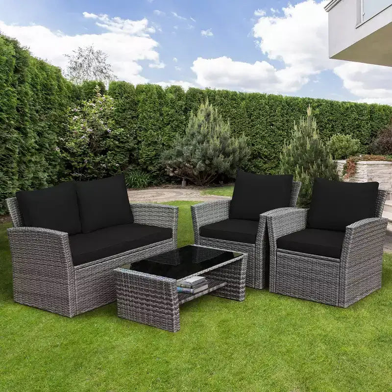 Costway Set de Muebles de Jardín de Ratán de 4 Piezas con Sofá Mesa Estante de Almacenamiento y Cojín