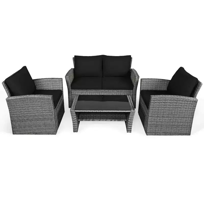 Costway Set de Muebles de Jardín de Ratán de 4 Piezas con Sofá Mesa Estante de Almacenamiento y Cojín