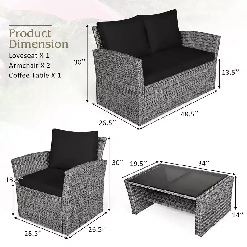 Costway Set de Muebles de Jardín de Ratán de 4 Piezas con Sofá Mesa Estante de Almacenamiento y Cojín