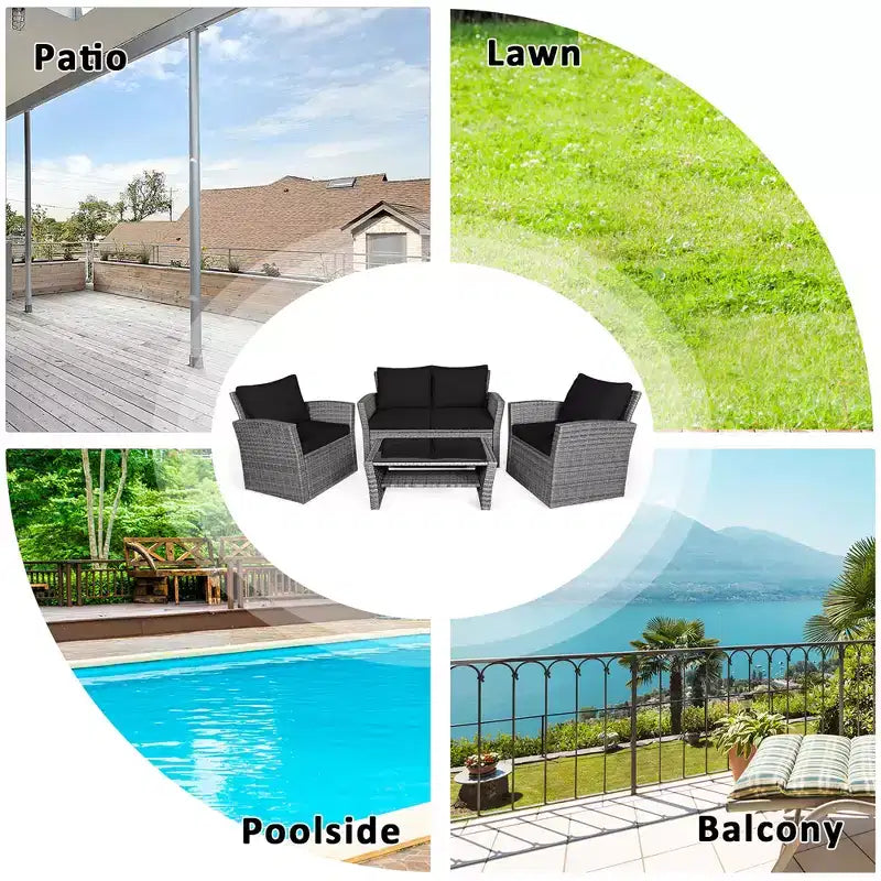 Costway Set de Muebles de Jardín de Ratán de 4 Piezas con Sofá Mesa Estante de Almacenamiento y Cojín