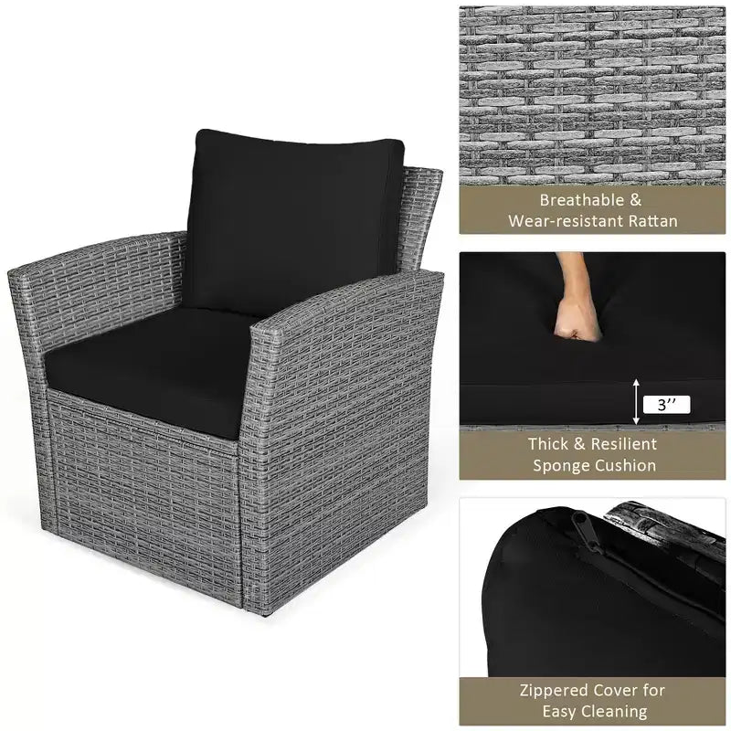 Costway Set de Muebles de Jardín de Ratán de 4 Piezas con Sofá Mesa Estante de Almacenamiento y Cojín