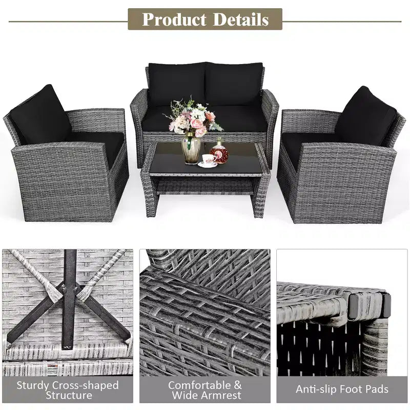 Costway Set de Muebles de Jardín de Ratán de 4 Piezas con Sofá Mesa Estante de Almacenamiento y Cojín