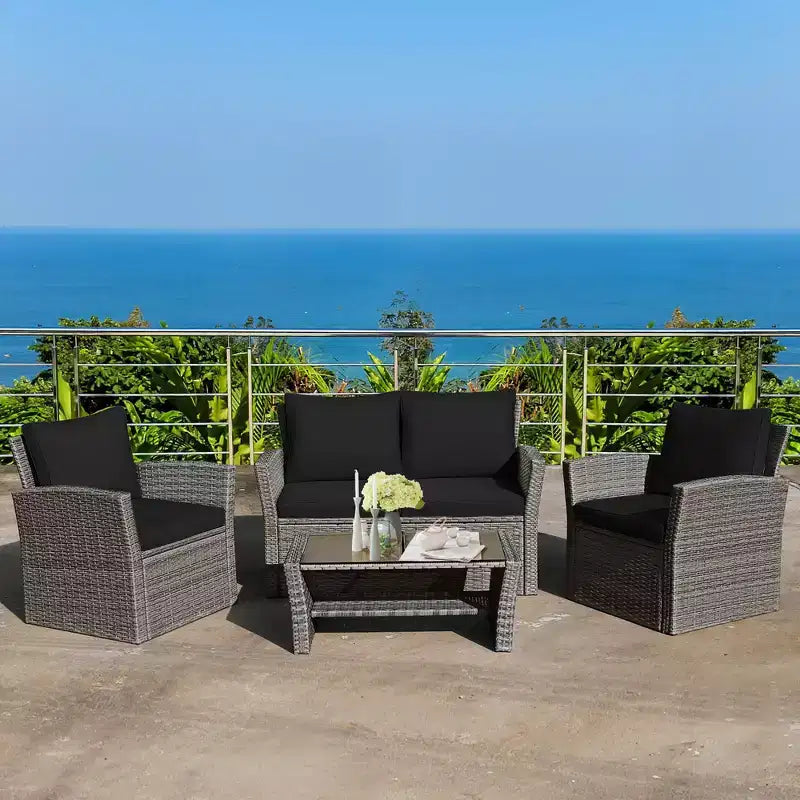 Costway 4PCS Patio Rattan Furniture Set Sofa Table Storage Shelf Cushion