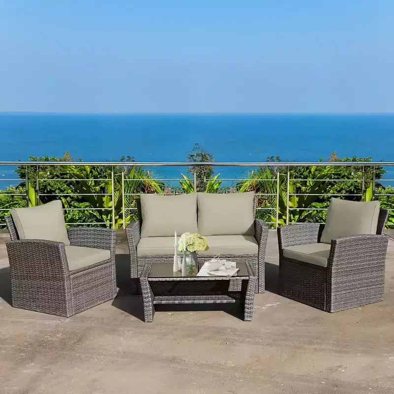 Costway Set de Muebles de Jardín de Ratán de 4 Piezas con Sofá Mesa Estante de Almacenamiento y Cojín