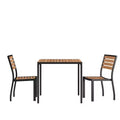 Emma and Oliver 3 Piece Patio Table Set - Synthetic Teak Poly Slats - 35 Square Steel Framed Table with 2 Faux Teak Stackable Chairs