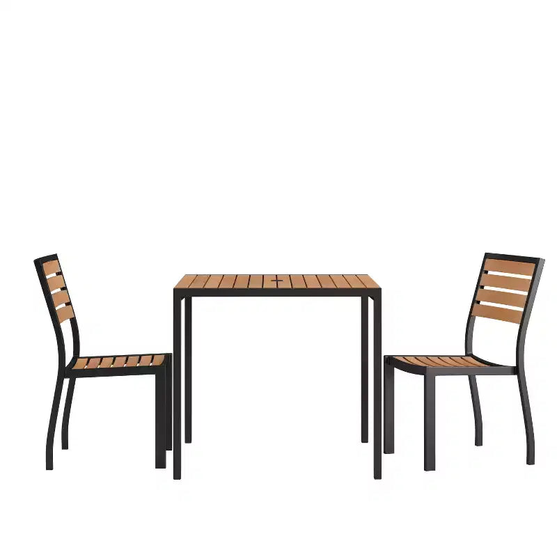 Emma and Oliver 3 Piece Patio Table Set - Synthetic Teak Poly Slats - 35 Square Steel Framed Table with 2 Faux Teak Stackable Chairs
