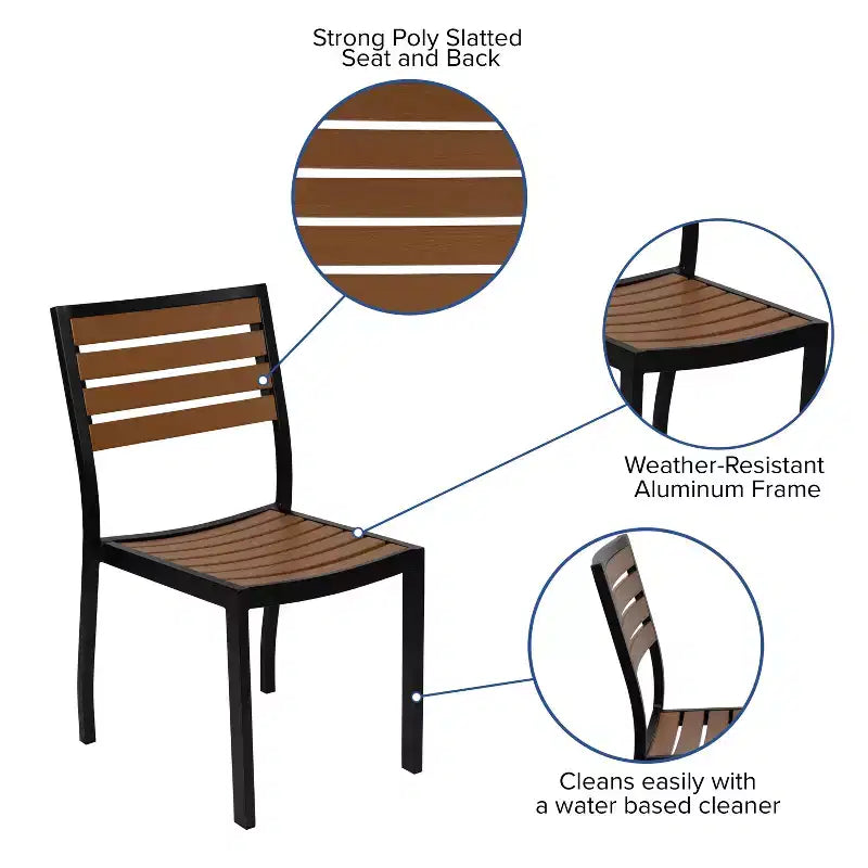 Juego de mesa de patio de 3 piezas Emma y Oliver - Láminas de polietileno sintético imitación teca - Mesa con marco de acero cuadrado de 35" con 2 sillas apilables imitación teca