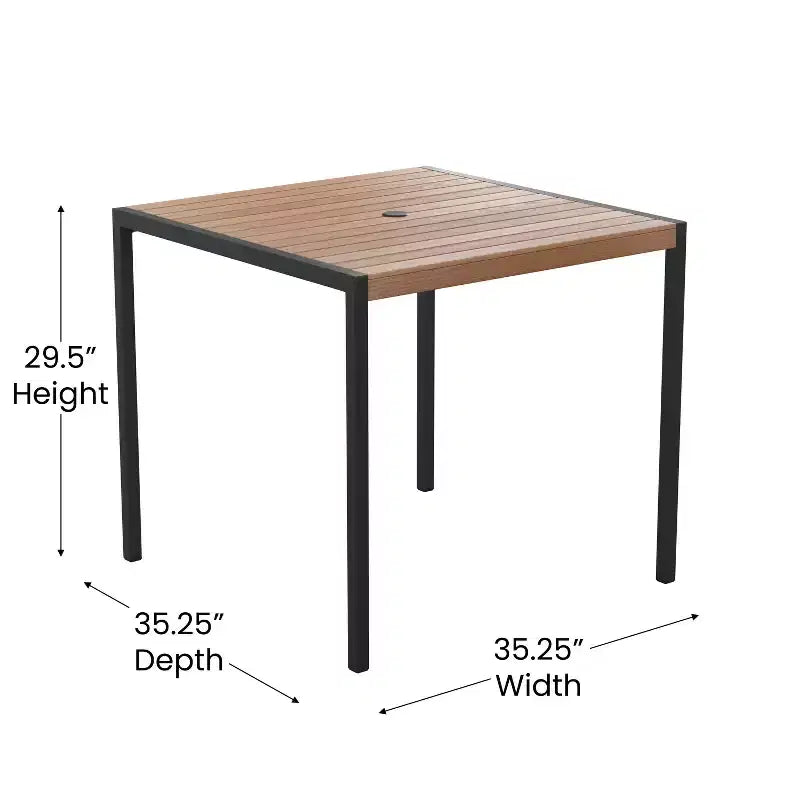 Juego de mesa de patio de 3 piezas Emma y Oliver - Láminas de polietileno sintético imitación teca - Mesa con marco de acero cuadrado de 35" con 2 sillas apilables imitación teca