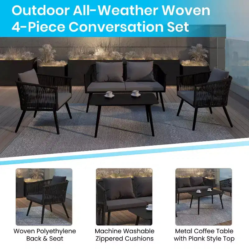 Juego de conversación Kierra de 4 piezas de ratán para todo tipo de clima de Flash Furniture con cojines extraíbles con cremallera gris y mesa de centro de metal