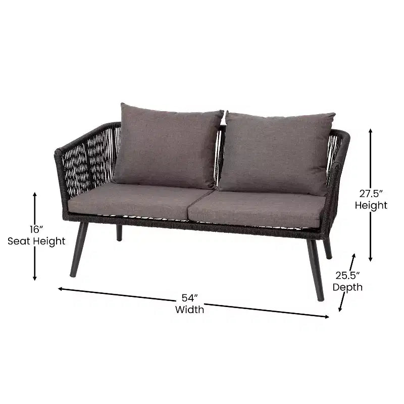 Juego de conversación Kierra de 4 piezas de ratán para todo tipo de clima de Flash Furniture con cojines extraíbles con cremallera gris y mesa de centro de metal