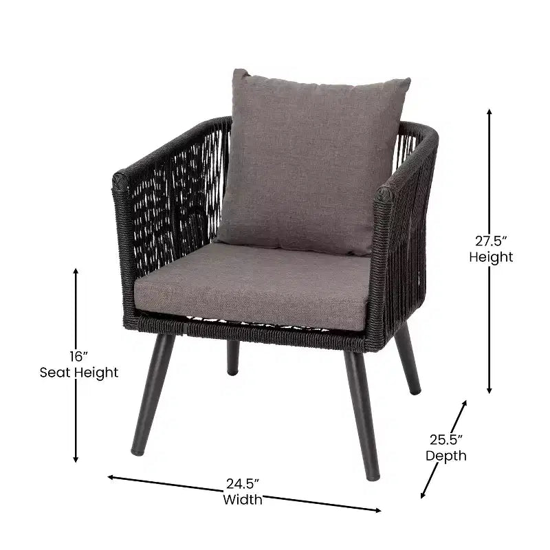 Juego de conversación Kierra de 4 piezas de ratán para todo tipo de clima de Flash Furniture con cojines extraíbles con cremallera gris y mesa de centro de metal
