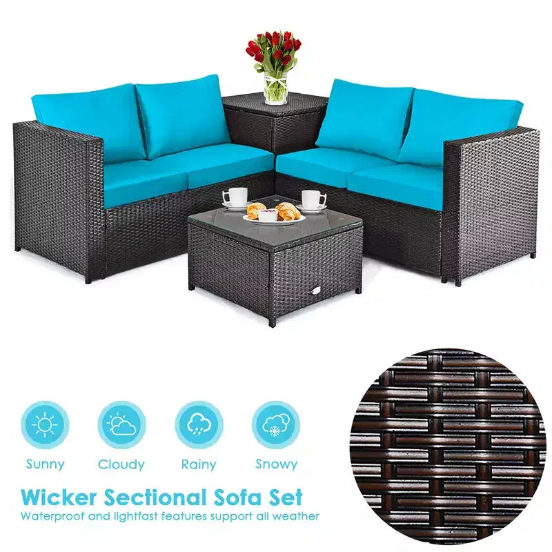 Costway Juego de Muebles de Ratán para Patio Exterior de 8 Piezas, Sofá de Dos Plazas Acolchado, Mesa de Almacenamiento, Rojo/Azul Marino