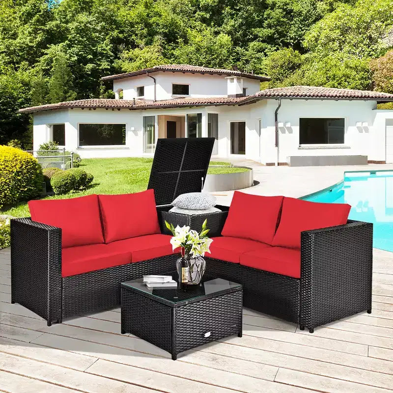 Costway Juego de Muebles de Ratán para Patio Exterior de 8 Piezas, Sofá de Dos Plazas Acolchado, Mesa de Almacenamiento, Rojo/Azul Marino