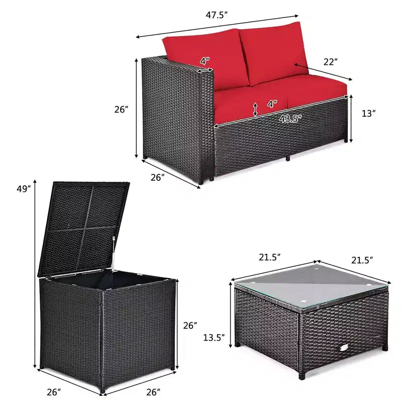 Costway Juego de Muebles de Ratán para Patio Exterior de 8 Piezas, Sofá de Dos Plazas Acolchado, Mesa de Almacenamiento, Rojo/Azul Marino
