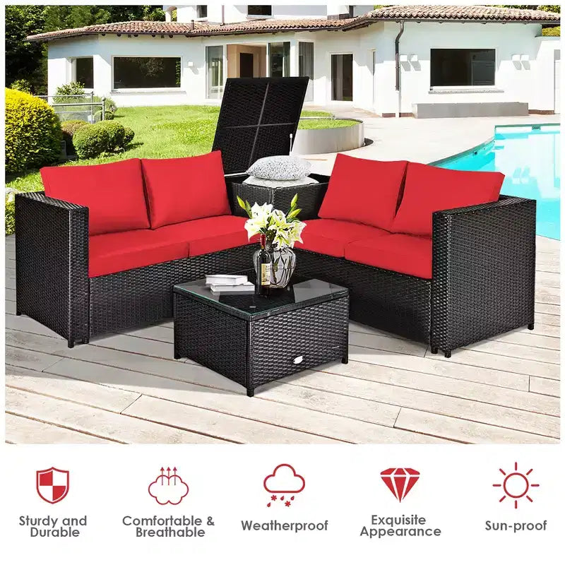 Costway Juego de Muebles de Ratán para Patio Exterior de 8 Piezas, Sofá de Dos Plazas Acolchado, Mesa de Almacenamiento, Rojo/Azul Marino